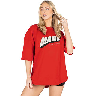 Leotude Red Printed Cotton Blend Round Neck Half Sleeve T-Shirts For Womens