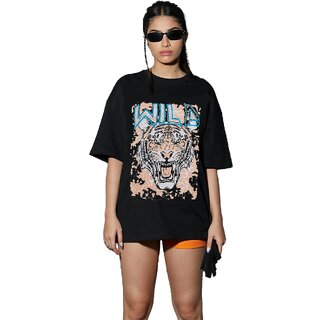 Leotude Black Printed Cotton Blend Round Neck Half Sleeve T-Shirts For Womens