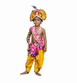Kaku Fancy Dresses Krishna Costume (Dhoti, Patka, Pagdi, Mala, Bajuband, Bansuri, Morpankh), 1-2Yrs