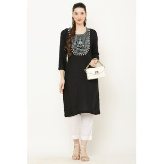 Vivient Women Black Embroidered Kurti with White Pant