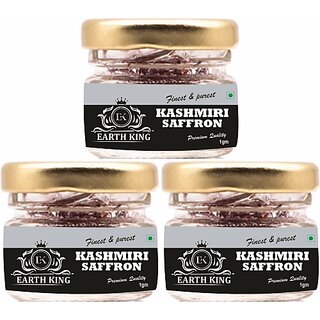 EARTH KING Finest  and  Pure A++ Grade Kashmiri Saffron  Original Kesar  Threads - 3Gm (3 x 1 g)