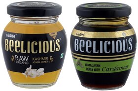 Beelicious Raw Organic Kashmir Acacia Honey  Himalayan Honey with Cardamom, Pack of 2, 250g Each