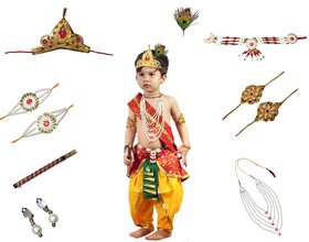 Kaku Fancy Dresses Krishna Costume (Dhoti, Patka, Mukut, Mala, Bajuband, Bansuri, Morpankh), 1-2Yrs