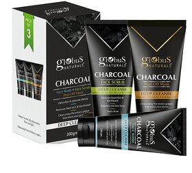 (Pack of 3) Globus Naturals Charcoal Detox Skincare Set  Face Wash, Scrub & Peel-Off Mask