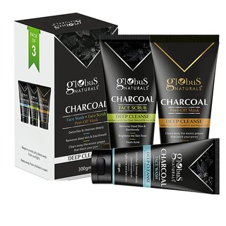 (Pack of 3) Globus Naturals Charcoal Detox Skincare Set  Face Wash, Scrub & Peel-Off Mask
