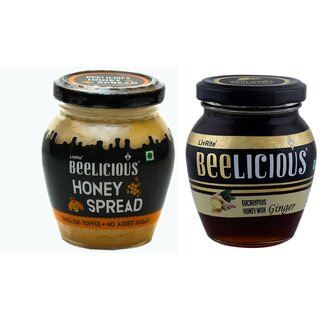 Beelicious Honey Spread - English Toffee (200g) And Eucalyptus Honey with Ginger (250g), Pack of 2 Combo