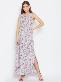 Purys Grey Floral Printed Sleeveless Maxi Dress for Woemen