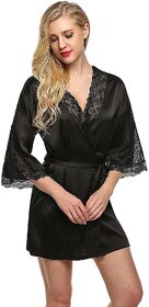 Sparklesandsatin Women Satin Kimono Robe V-Neck Nightwear for Women with Lace Design for Female (Free Size)