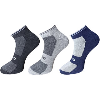 USOXO Men And Women Multicolor Combed Cotton Ankle Length Socks - Free Size UK8-11(Pack Of 3)Black, Blue, Light grey