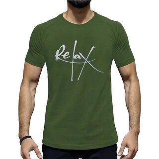 HIT SQUARE Olive Pure Cotton Round Neck Printed For Men