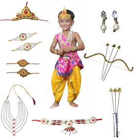 Ram Costume for Boy (Magenta Dhoti, Patka, Mukut, Mala, Earrings, Dhanush, teer)