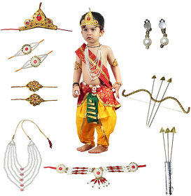 Ram Costume for Boys (Red Dhoti, Patka, Mukut, Mala, Earrings, Dhanush  teer)