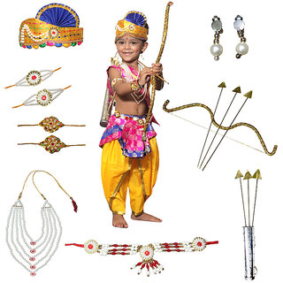 Ram Costume for Boy (Magenta Dhoti, Patka, Mukut, Mala, Earrings, Dhanush, teer)