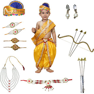 Ram Costume for Boys (Yellow Dhoti, Patka, Mukut, Mala, Earrings, Dhanush, teer)