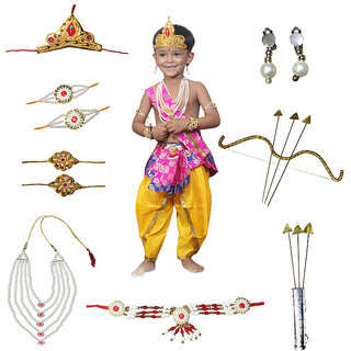Ram Costume for Boy (Magenta Dhoti, Patka, Mukut, Mala, Earrings, Dhanush, teer)