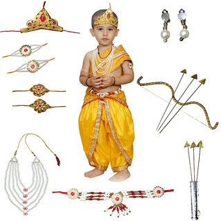 Ram Costume for Boys (Yellow Dhoti, Patka, Mukut, Mala, Earrings, Dhanush, teer)