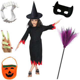 Kaku Fancy Dresses Halloween Witch Costume With Hat, Teeth, Mask, Nails, Pumpkin Bag  Witch Broom For Kids
