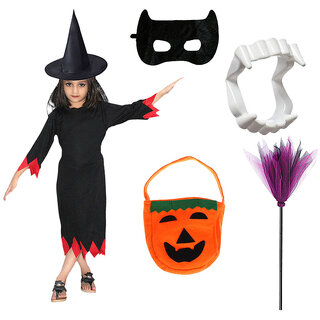Kaku Fancy Dresses Spooky Witch Costume With Hat, Teeth, Mask, Witch Broom  Pumpkin Bag Set For Kids