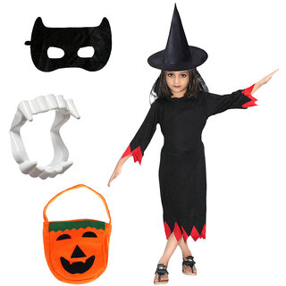 Kaku Fancy Dresses Spooky Halloween Witch Costume With Hat, Teeth, Mask  Pumpkin Bag Set For Kids