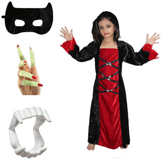 Kaku Fancy Dresses Scary Halloween Cosplay Red Black Witch Costume Gown With Teeth, Mask  Nail Set for Kids
