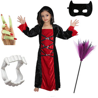 Kaku Fancy Dresses Halloween Party Red Black Witch Costume Gown With Teeth, Mask, Nail  Witch Broom Set for Kids