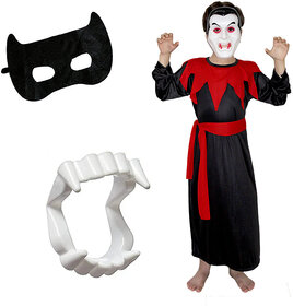 Kaku Fancy Dresses Red & Black Dracula Costume With Vampire Teeth & Face Mask For Kids Halloween Costume Party