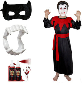 Kaku Fancy Dresses Scary Dracula Costume With Vampire Teeth, Face Mask & Fake Blood For Kids Halloween Costume Party