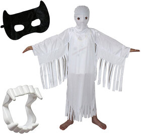 Kaku Fancy Dresses White Ghost Costume With Vampire Teeth, Face Mask Set For Kids Halloween Costume Party