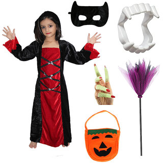 Kaku Fancy Dresses Halloween Witch Costume Gown With Teeth, Mask, Nail  Witch Broom  Pumpkin Bag Set for Kids