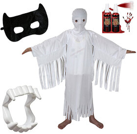 Kaku Fancy Dresses Spooky White Ghost Dress For Kids With Vampire Teeth, Face Mask,  Fake Blood, Halloween Costume