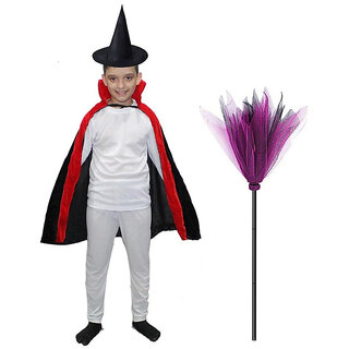 Kaku Fancy Dresses Halloween Dracula Cloak Cape with Pointy Hat & Witch Broomstick for  Kids | Horror Costume for Kids