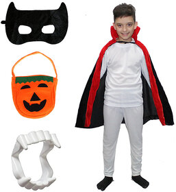 Kaku Fancy Dresses Halloween Dracula Robe, Teeth, Eyepatch, Pumkin Candy Basket For Kids | Halloween Costume Set