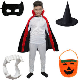 Kaku Fancy Dresses Halloween Dracula Robe, Teeth, Hat, Eye-patch, Candy Basket Set For Kids | Vampire Costume Set