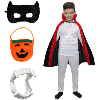 Kaku Fancy Dresses Halloween Dracula Robe, Teeth, Eyepatch, Pumkin Candy Basket For Kids | Halloween Costume Set