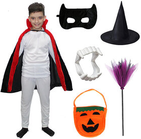 Kaku Fancy Dresses Halloween Robe Cape with Devil Teeth, Eyepatch, Witch Hat, Broomstick and Candy Basket for Kids