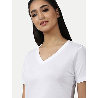 Radprix Solid Women V Neck White T-Shirt