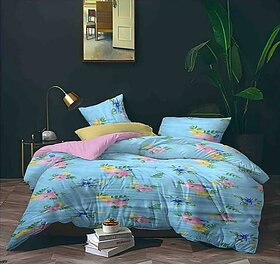 UnV Baby Blue Flowar Print Double Bedsheet With 2 Pillow Covers (208 X 213 Cm)(Bs6-07)