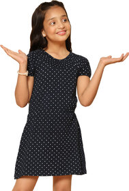 Kids Cave Girls Above Knee Casual Dress (Dark Blue, Short Sleeve)