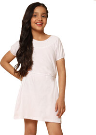 Kids Cave Girls Above Knee Casual Dress (White, Short Sleeve)