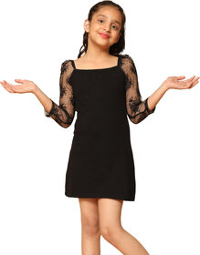 Kids Cave Girls Mini/Short Casual Dress (Black, 3/4 Sleeve)