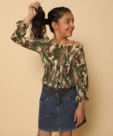 Kids Cave Girls Casual Crepe Off Shouldered Top (Green, Pack of 1)