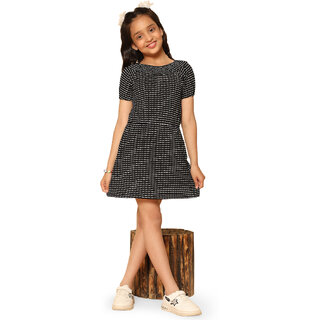 Kids Cave Girls Above Knee Casual Dress (Black, Short Sleeve)