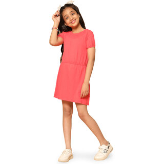 Kids Cave Girls Above Knee Casual Dress (Orange, Short Sleeve)