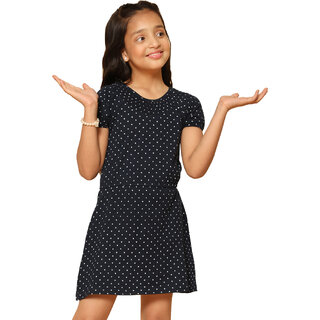 Kids Cave Girls Above Knee Casual Dress (Dark Blue, Short Sleeve)