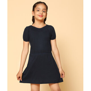 Kids Cave Girls Above Knee Casual Dress (Blue, Short Sleeve)