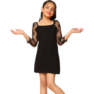 Kids Cave Girls Mini/Short Casual Dress (Black, 3/4 Sleeve)
