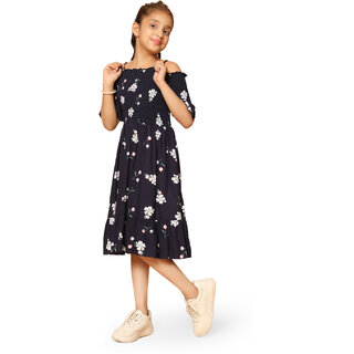 Kids Cave Girls Midi/Knee Length Casual Dress (Blue, Half Sleeve)