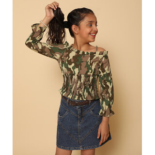 Kids Cave Girls Casual Crepe Off Shouldered Top (Green, Pack of 1)