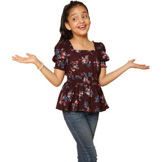 Kids Cave Girls Casual Crepe Balloon Top (Brown, Pack of 1)