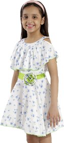 Kids Cave Indi Girls Above Knee Casual Dress (White, Short Sleeve)
